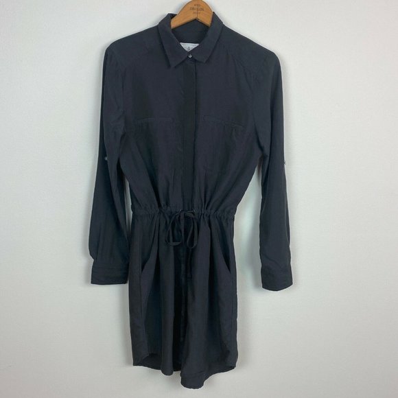 Lou & Grey Shirt Dress Womens Small Black Button Up Tie Waist Long Tabbed Sleeve - Picture 12 of 12